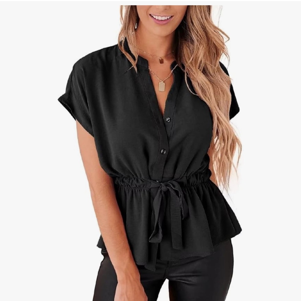 Black Tie-Waist Button Front Women's Top XXL